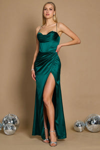 Emerald green satin formal dress with corset front and lace up back.