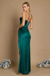 Emerald green satin formal dress with corset front and lace up back.