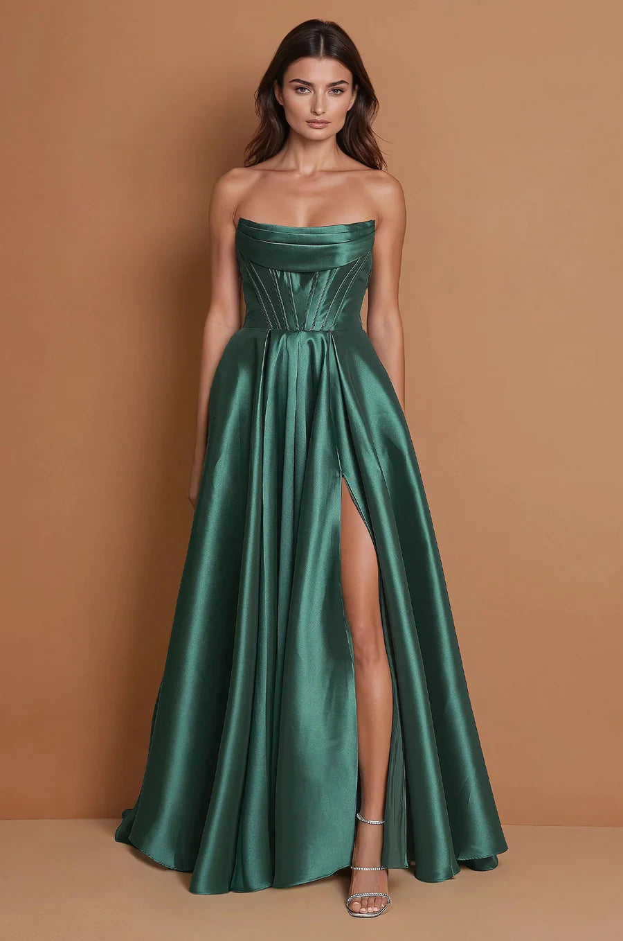 Emerald green strapless plus size formal dress with split.