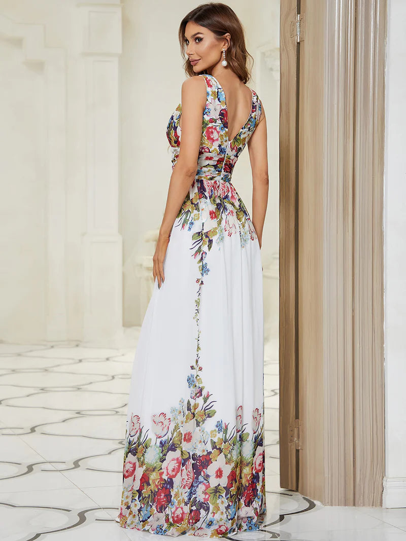 Floral formal dress in chiffon with deep v neck.