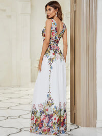 Floral formal dress in chiffon with deep v neck.