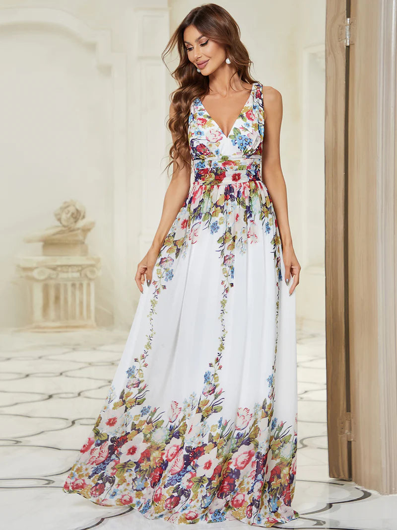 Floral formal dress in chiffon with deep v neck.