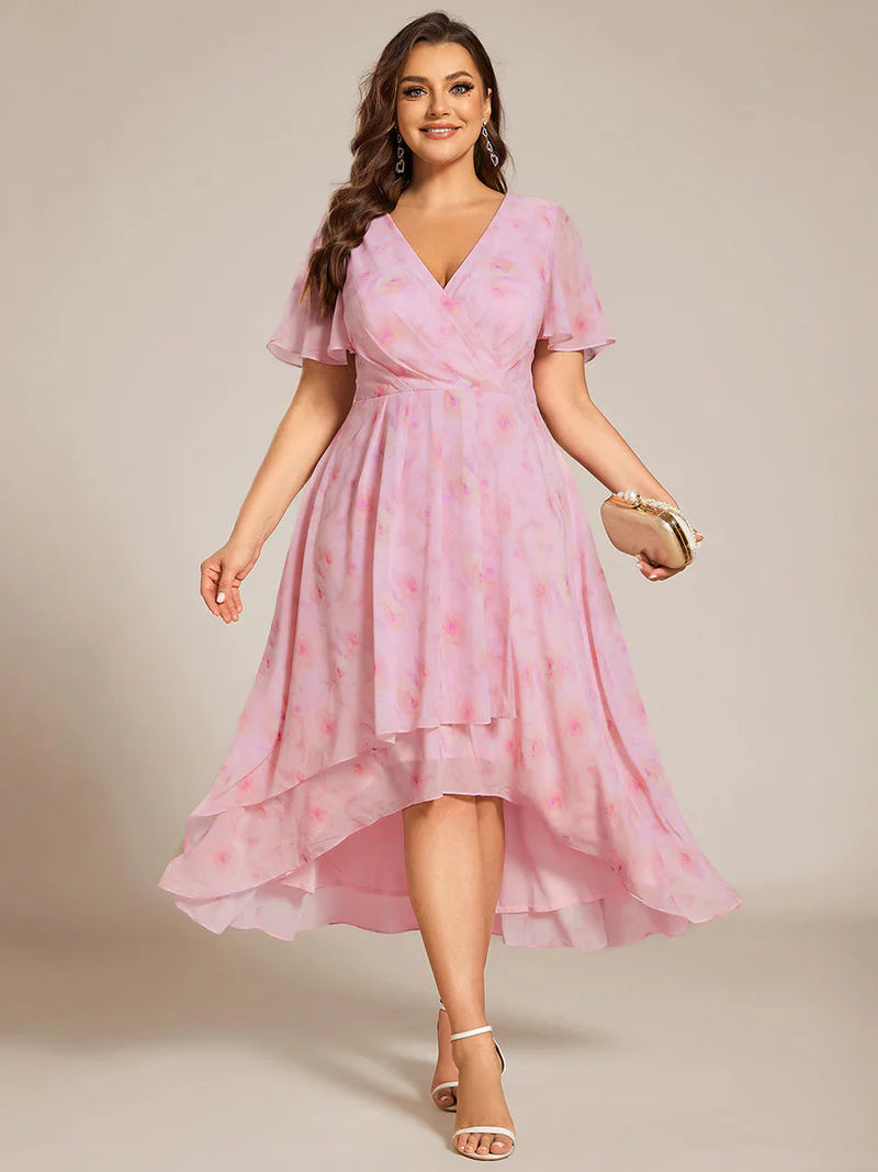 Floral pink plus size mother of the bride chiffon midi dress.