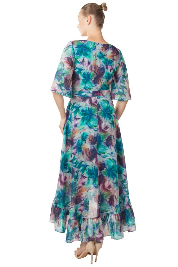 Floral plus size mother of the bride dress with short sleeves.
