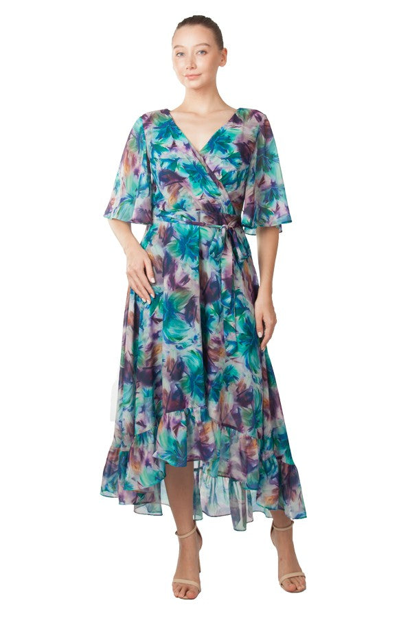 Floral plus size mother of the bride dress with short sleeves.