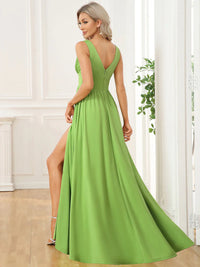 Avocado green sleeveless formal dress with deep v neck and front split.