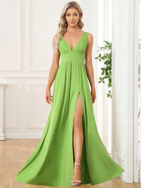 Avocado green sleeveless formal dress with deep v neck and front split.