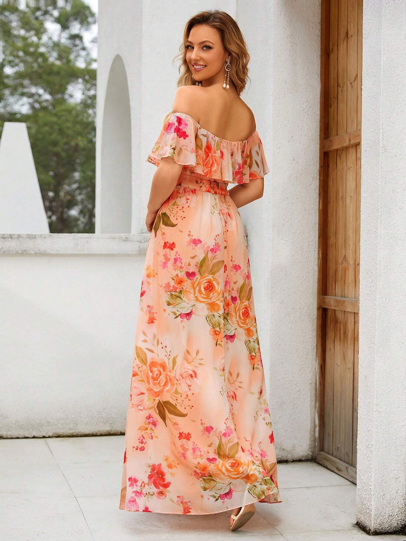 Off Shoulder Floral Formal Dress - ELLEN