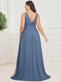 Dusty blue plus sized sleeveless formal dress with deep v neck and front split.