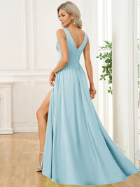 Sky blue sleeveless formal dress with deep v neck and front split.