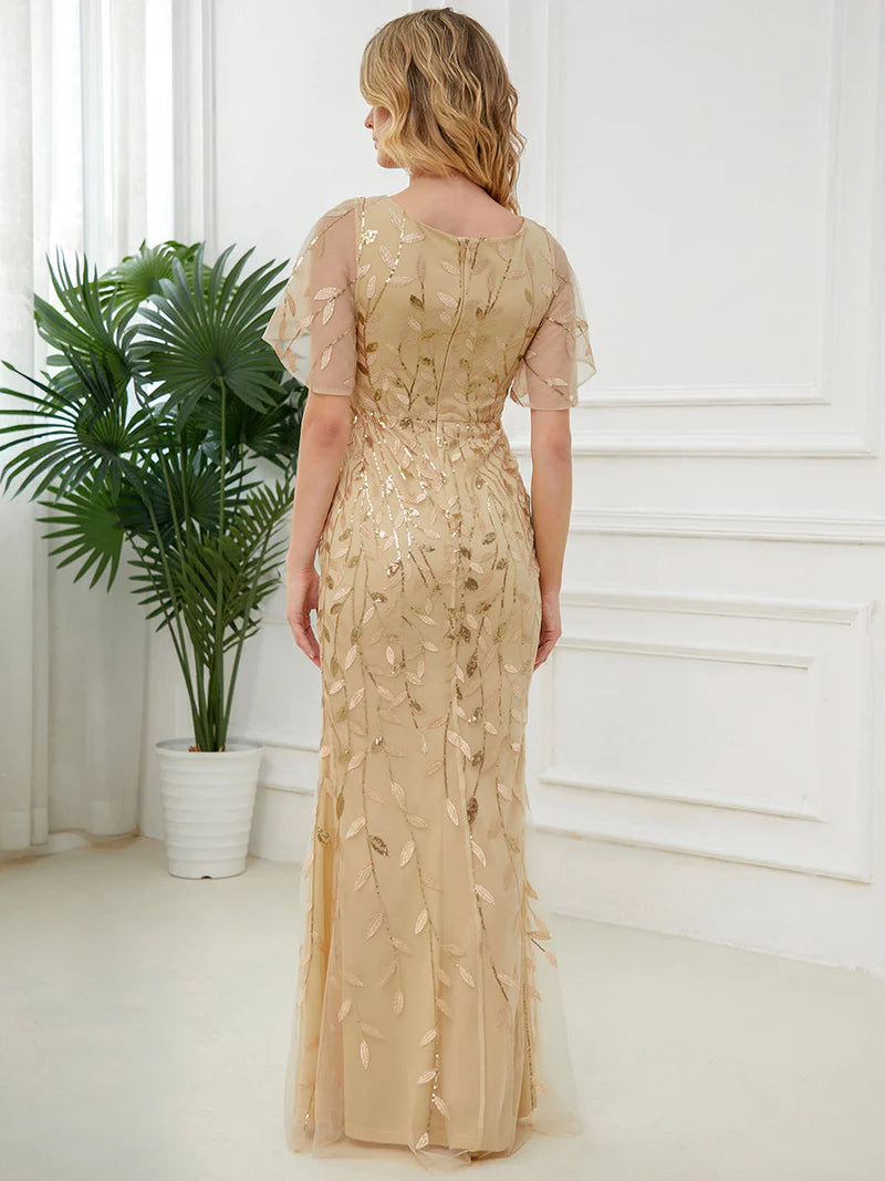 Gold Champagne mother of the bride dress with tulle, sequins and lace ruffle sleeves.