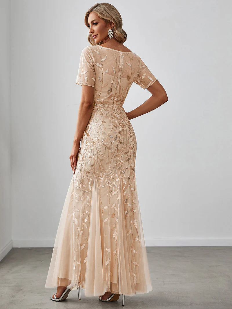 Gold Champagne Mother of the bride dress, short sleeve with tulle, lace and sequin detailing.