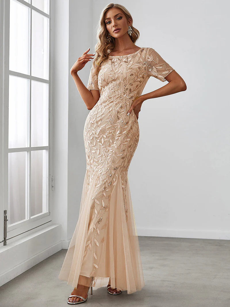 Gold Champagne Mother of the bride dress, short sleeve with tulle, lace and sequin detailing.