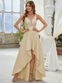 Gold hi low sleeveless satin formal or mother of the bride dress with bodice detailing.