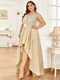 Gold plus size hi low sleeveless satin formal or mother of the bride dress with bodice detailing.