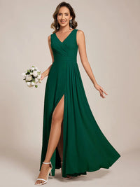 Green bridesmaid dress, sleeveless A-line chiffon dress with split.