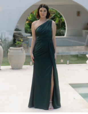 Green one shoulder formal dress with split.