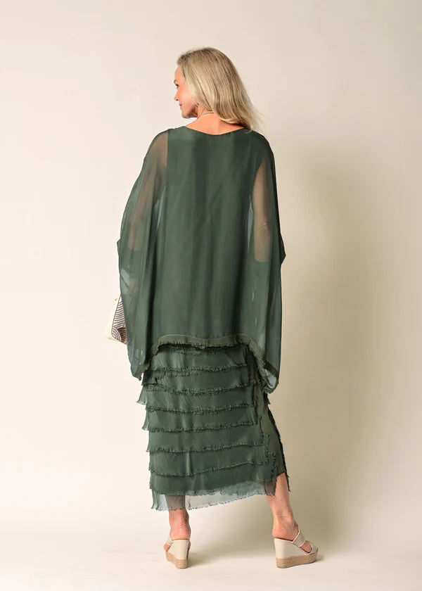 Green Italian Silk mother of the bride dress with sleeve and frayed skirt.