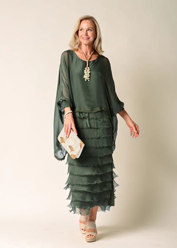 Green Italian Silk mother of the bride dress with sleeve and frayed skirt.