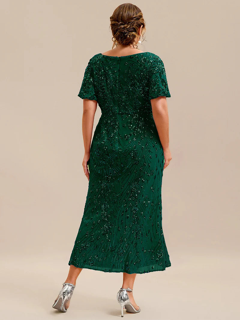 Green mother of the bride plus size midi dress.