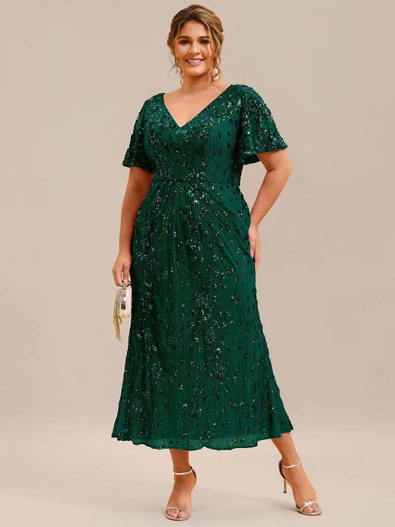 Green mother of the bride plus size midi dress.