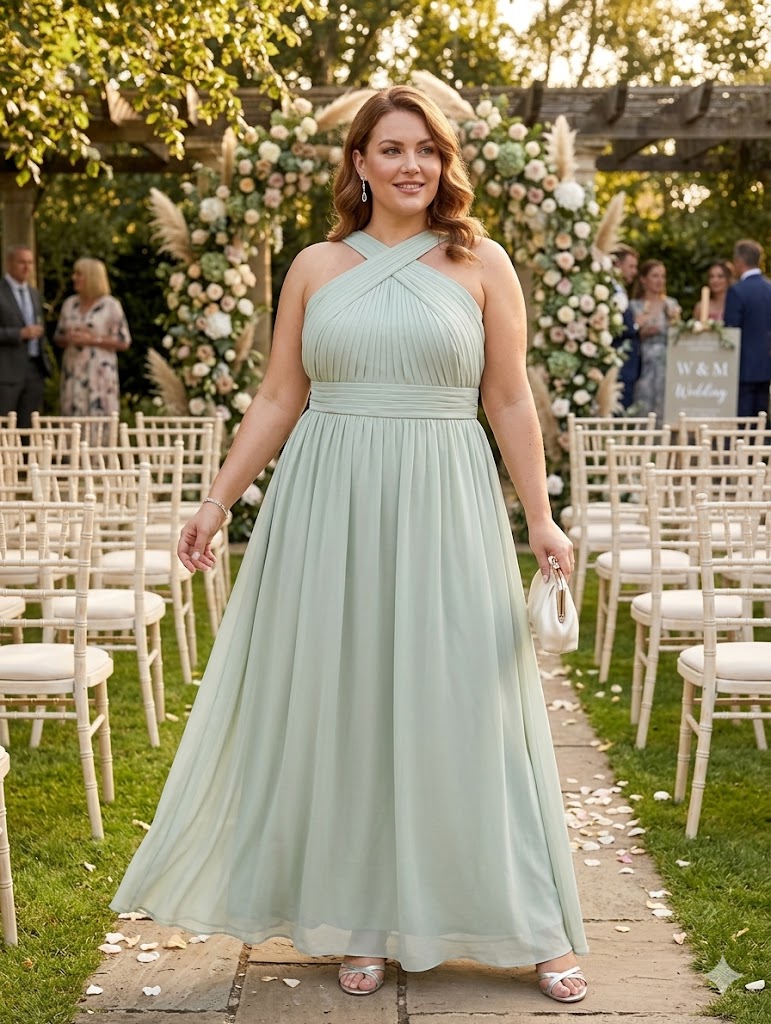Mint green plus size bridesmaid dress with halter neck in chiffon.