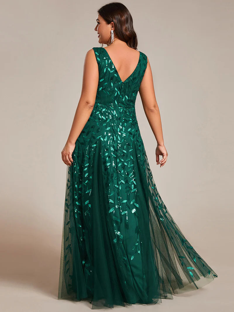green plus size formal dress with tulle and lace.