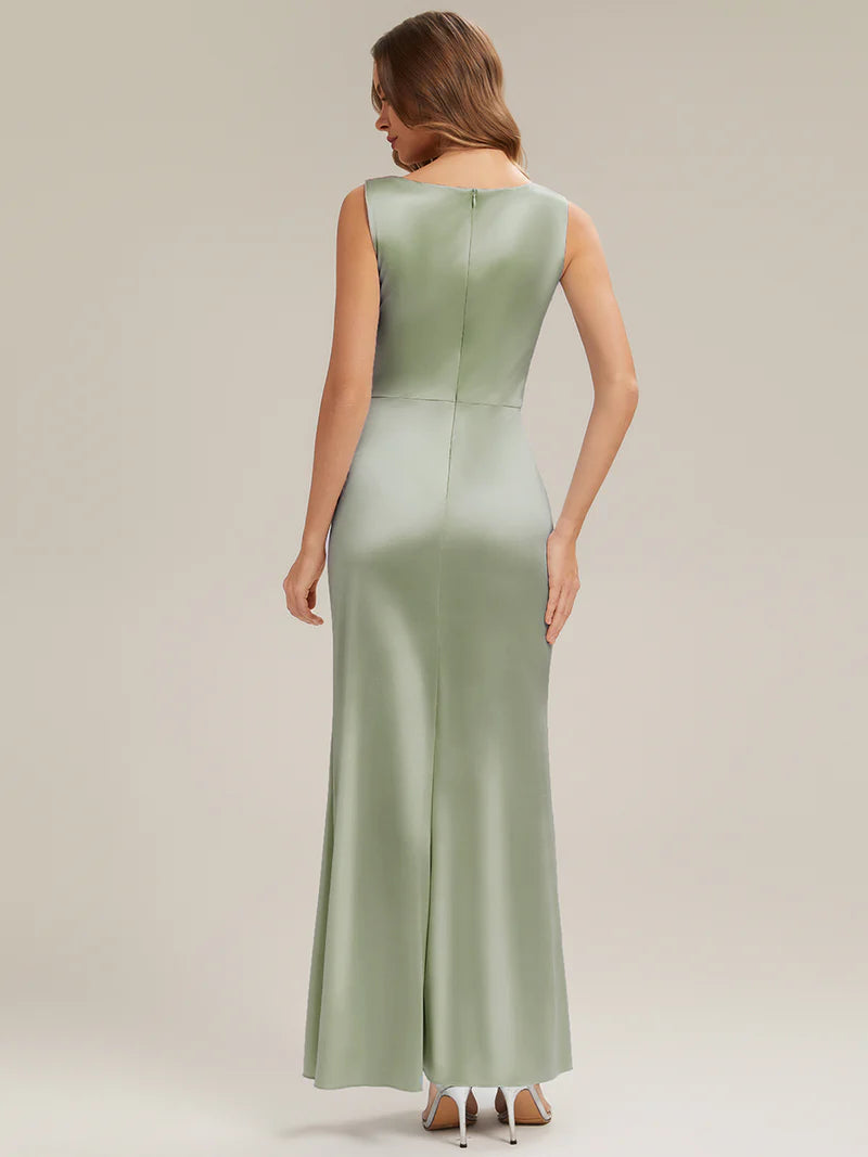 Green liquid satin bridesmaid dress with cowl neck and split.