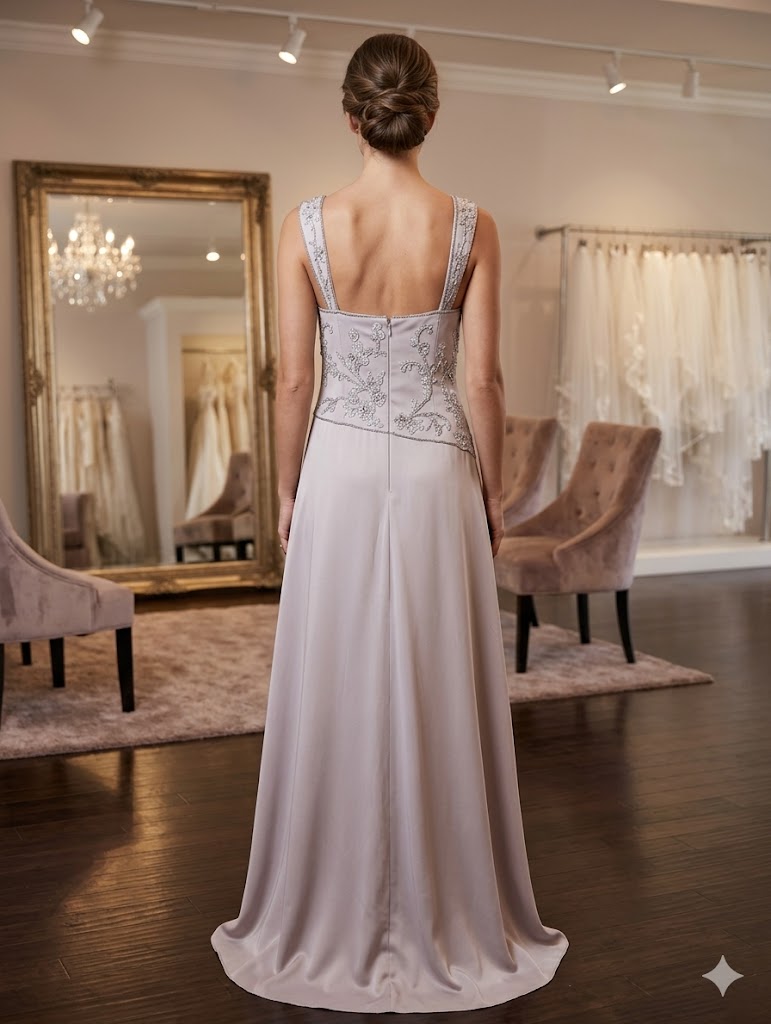 Grey sleeveless mother of the bride dress with beaded bodice and shawl.