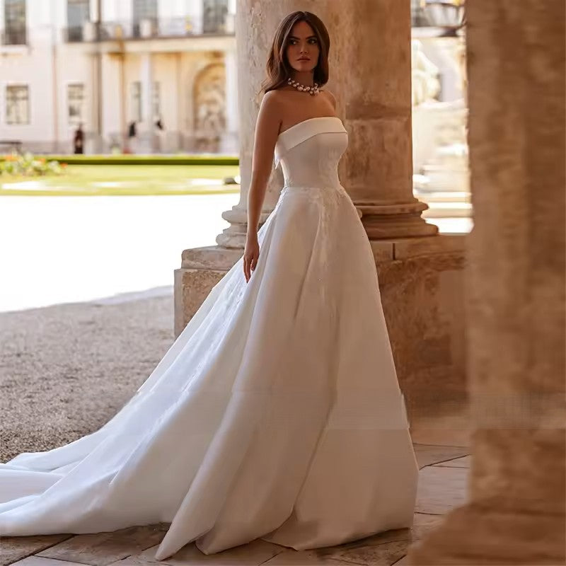 Strapless Satin With Applique Detail Wedding Dress - JULIA
