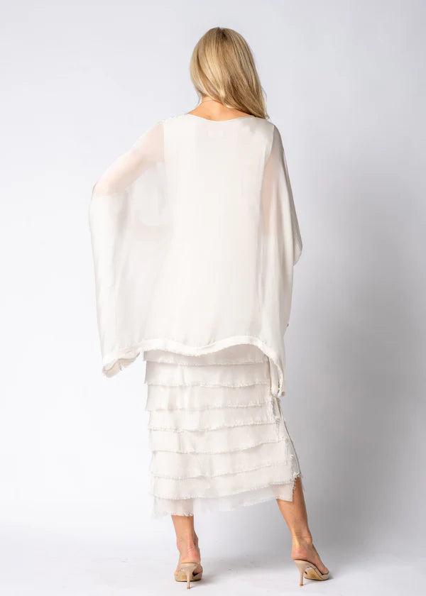 Latte cream Italian Silk mother of the bride dress with sleeve and frayed skirt.