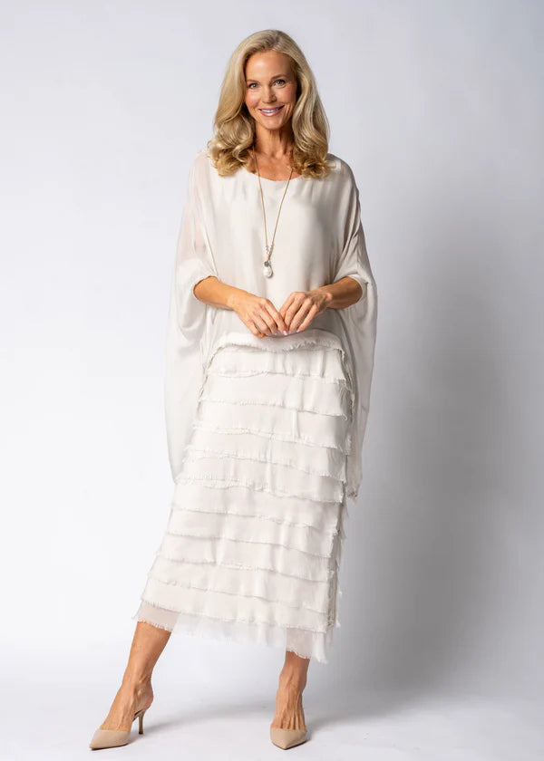 Latte Cream Italian Silk mother of the bride dress with sleeve and frayed skirt.