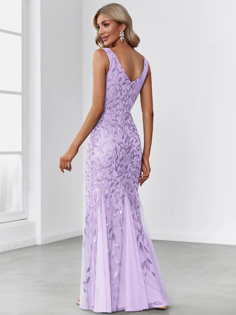 Lavender formal dress with fishtail and sequins.
