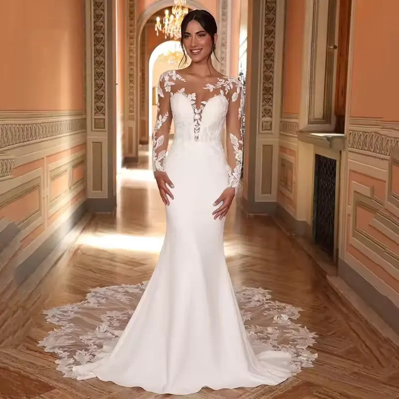 Long lace sleeve satin wedding dress with lace train, plus size available.