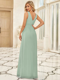 Mint green bridesmaid dress with double v-neck and chiffon.