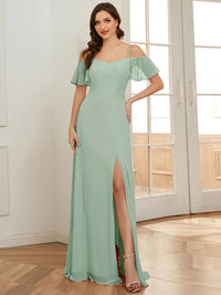 Mint green bridesmaid dress, off shoulder chiffon.