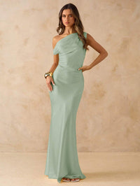 Mint Green Bridesmaid asymmetrical off the shoulder satin sheath dress.