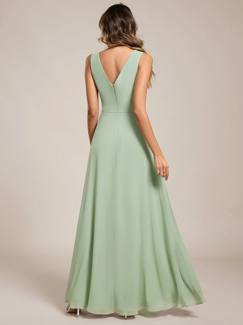 Mint Green bridesmaid dress, sleeveless A-line chiffon dress with split.
