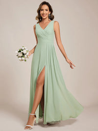Mint Green bridesmaid dress, sleeveless A-line chiffon dress with split.