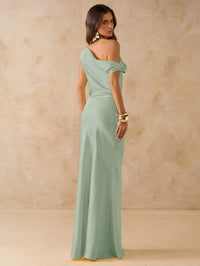 Mint Green Bridesmaid asymmetrical off the shoulder satin sheath dress.