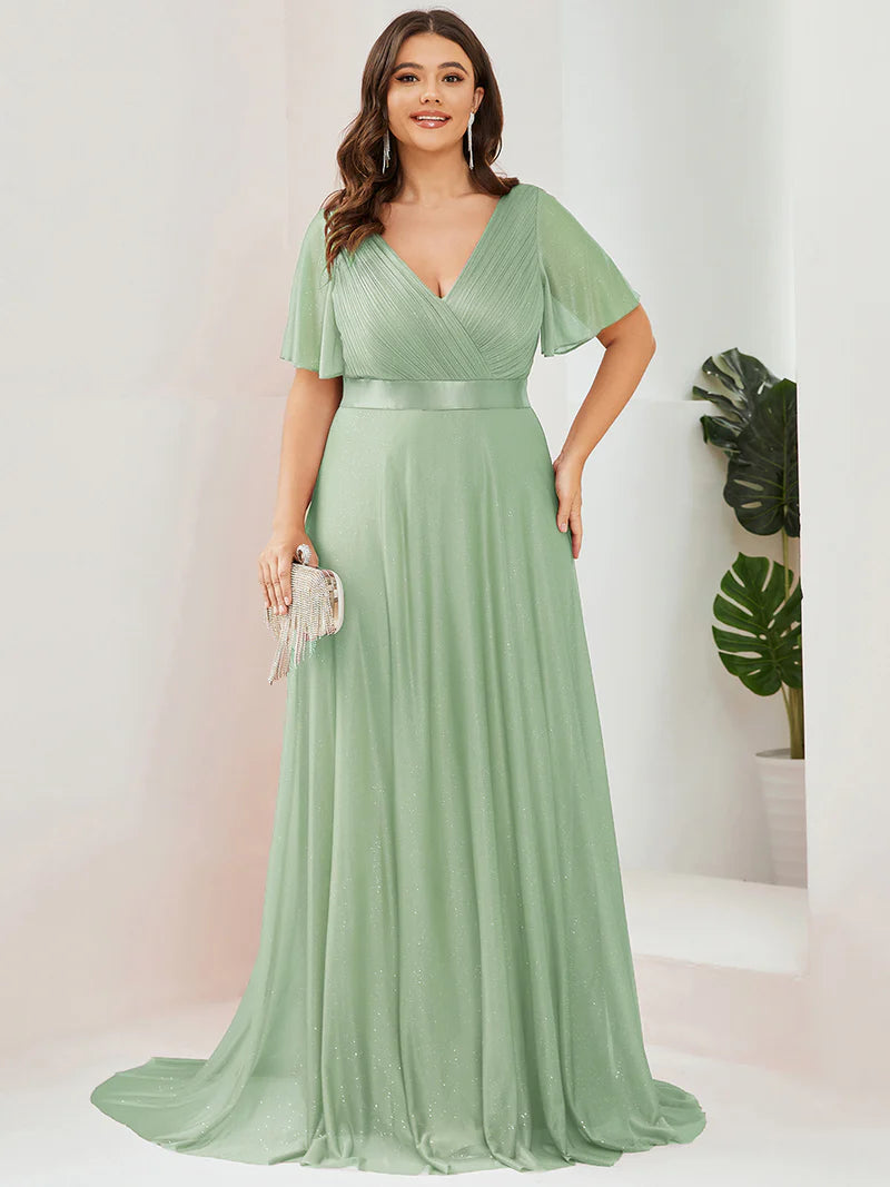 Mint Green shimmer plus size formal dress with satin band.