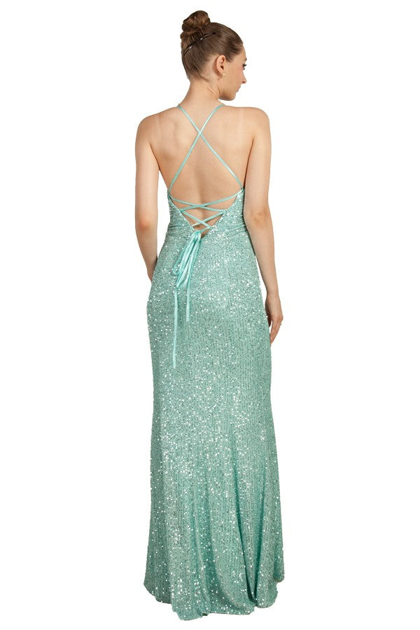 Mint green sequin plus size formal dress with lace up back.
