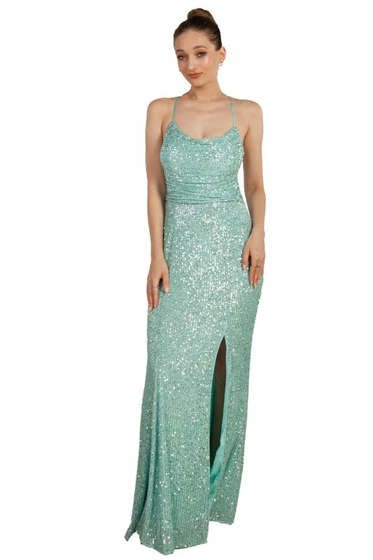 Mint green sequin plus size formal dress with lace up back.