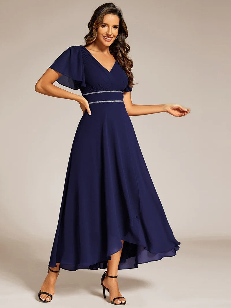 Navy Blue A-line mother of the bride dress with a sequin band detail and short sleeves.