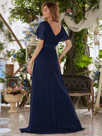 Navy blue bridesmaid dress or formal dress in chiffon with satin band and short sleeves.