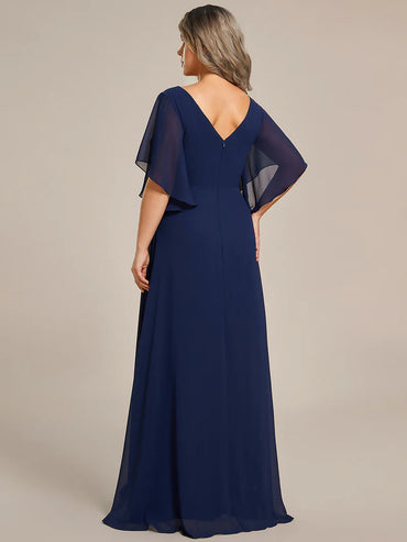 Navy blue embroidered mother of the bride or bridesmaid chiffon sleeve dress.