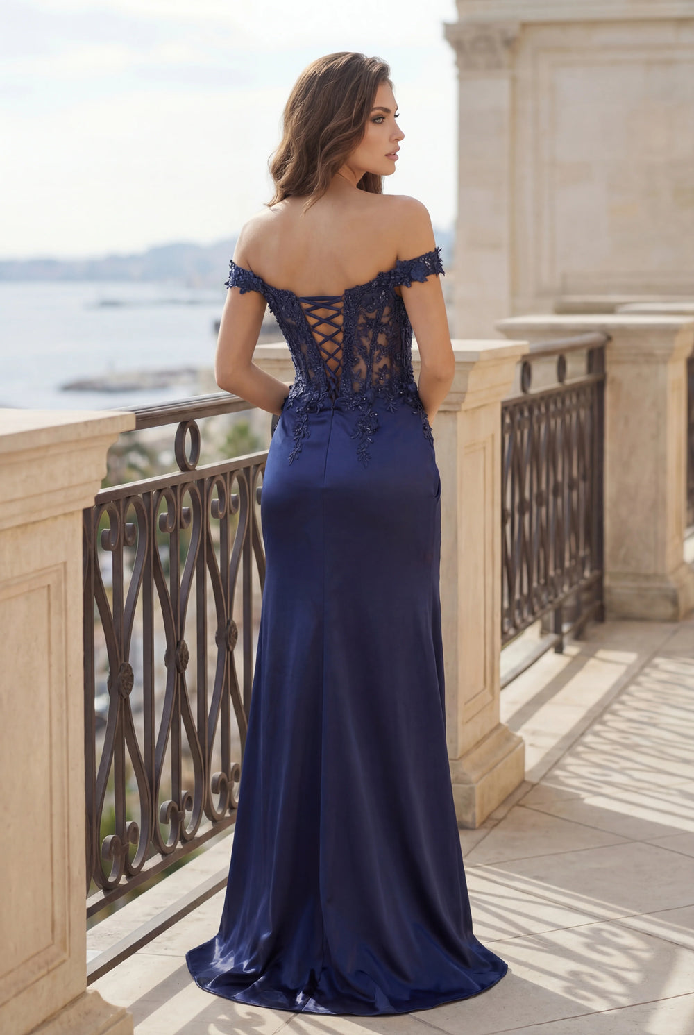 Navy blue formal dress with see through corset bodice , off the shoulder style and front split.