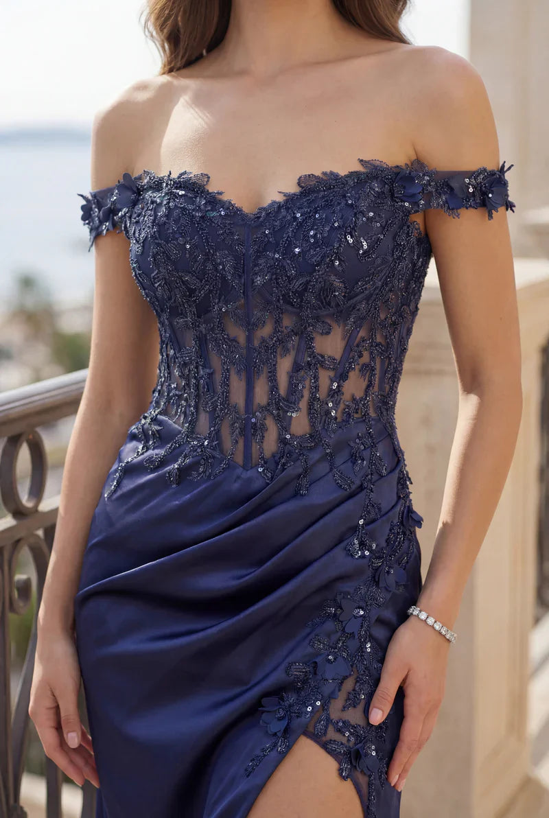 Navy blue formal dress with see through corset bodice , off the shoulder style and front split.