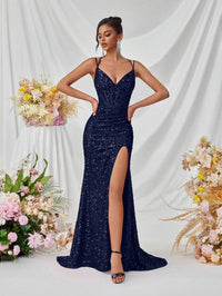 Navy blue formal dress, sequin corset style evening dress with spaghetti straps and lace up back. Graceful Elegance services Logan, Brisbane, Gold Coast, Scenic Rim.