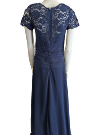 Navy blue short sleeve formal dress or mother of the bride dress with lace top and chiffon skirt.